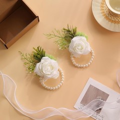 2pcs Wedding White Rose Wrist Flowers Artificial Rose Flowers for Ceremony Pr…
