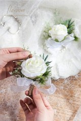 Handcrafted Faux Silk Ivory Rose Floral Set: Corsage and Boutonniere for Events