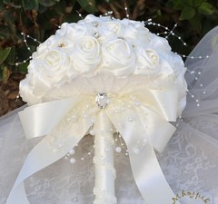 Bridal Wedding Bouquet Bling Brooch Flower Wedding Quinceanera(Ivory, 9.8″)