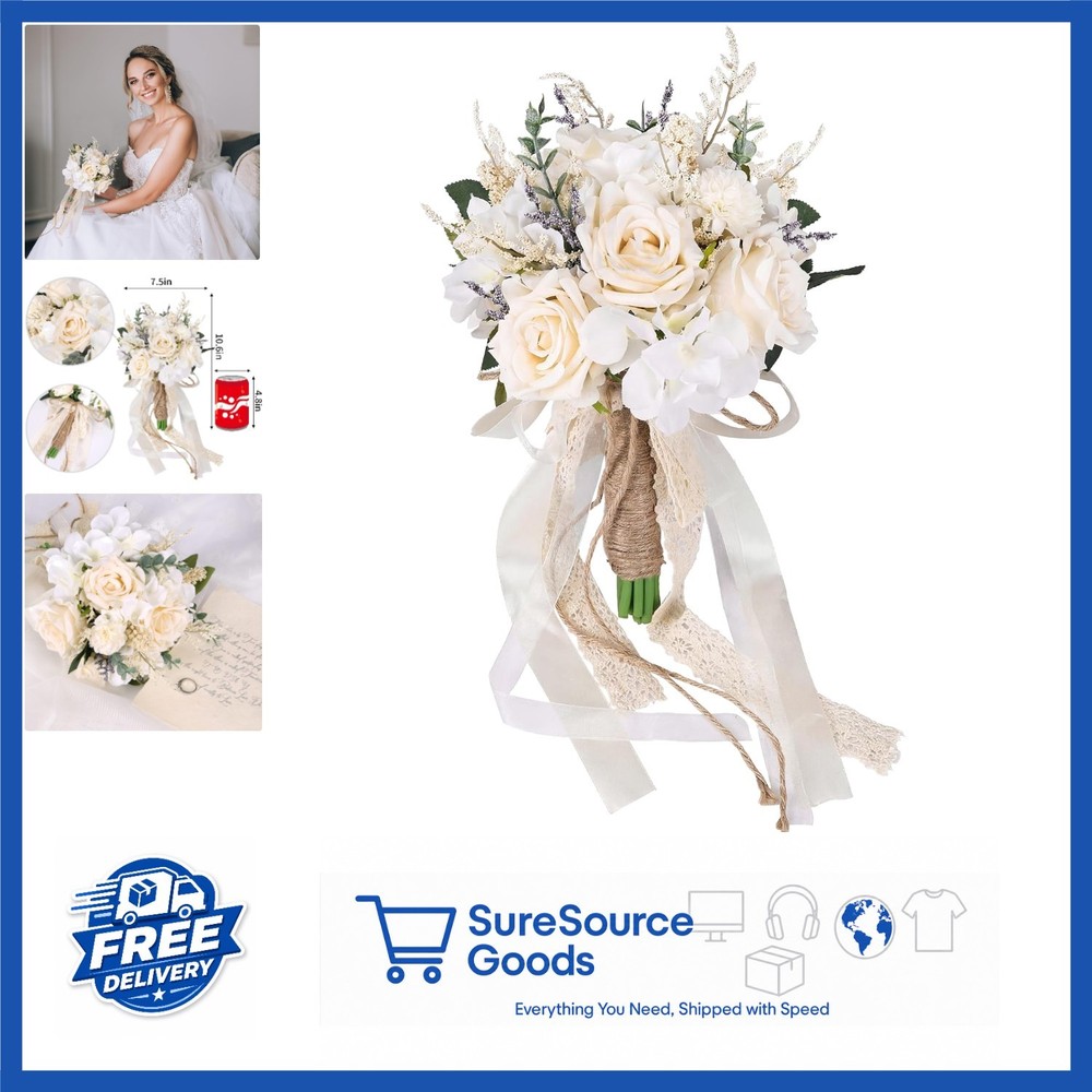 Silk Plastic Wedding Bouquet for Bride Bridesmaid White Champagne Flowers 7.5in
