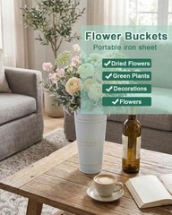 9″ Tall Galvanized Flower Bucket Pcs French Metal Vases with 6 Vintage White