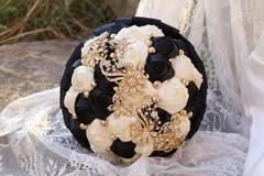 Elegant Golden Rhinestone Wedding Bouquet with Ivory Satin Roses & Crystals