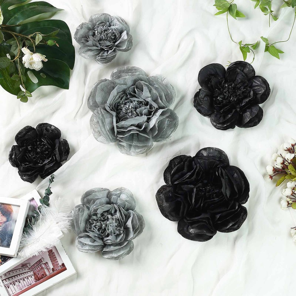 6 pack 7″ 9″ 11″ Black and Charcoal Grey Tissue Paper Peony Flowers Backdrop