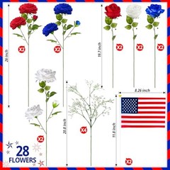 28 Pcs Red White and Blue Flowers, Patriotic Memorial Bouquet Atificial