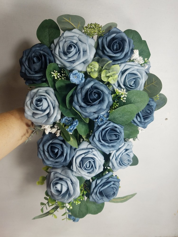 Dusty Blue Rose Eucalyptus Faux Foam Bridal Wedding Bouquet Accessories