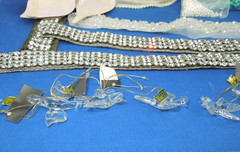 Wedding craft supplies – beads, wired ribbon with beads, leaves, clear doves