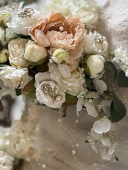 Cascading Wedding Bouquet for Bride, Blush Ivory Silk Flower Pearl Crystal