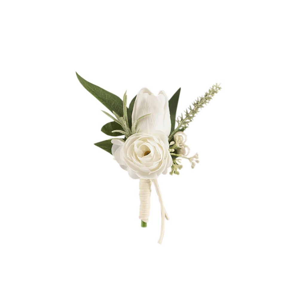 White Artificial Flower Boutonniere for Weddings Rustic Boho Theme 5.5 Inch
