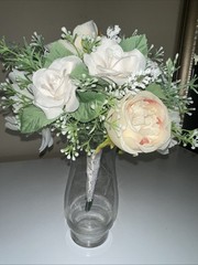 Bridal Bouquet White Roses Peonies Baby Breath + wrist Corsage Baby White Roses