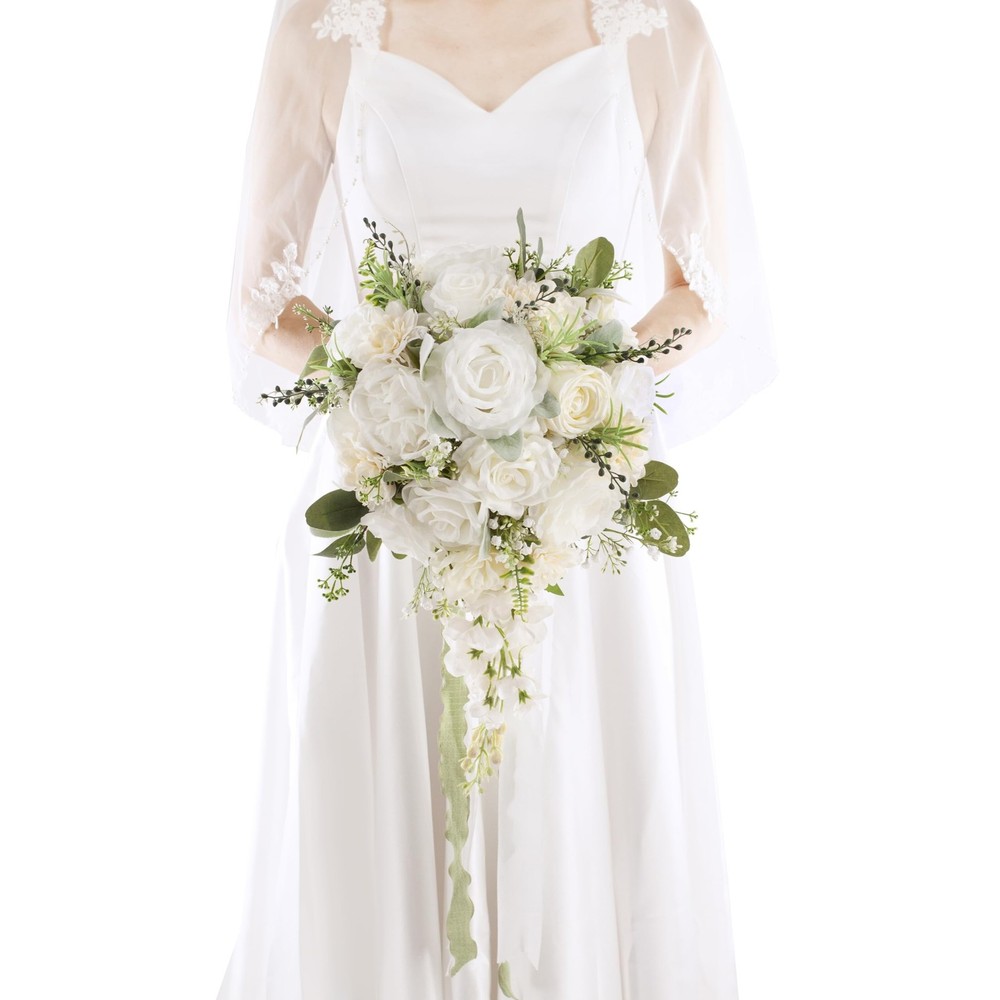 12 Inch Cascade Wedding Bouquets for Bride, Ivory & Champagne Cascading Brida…