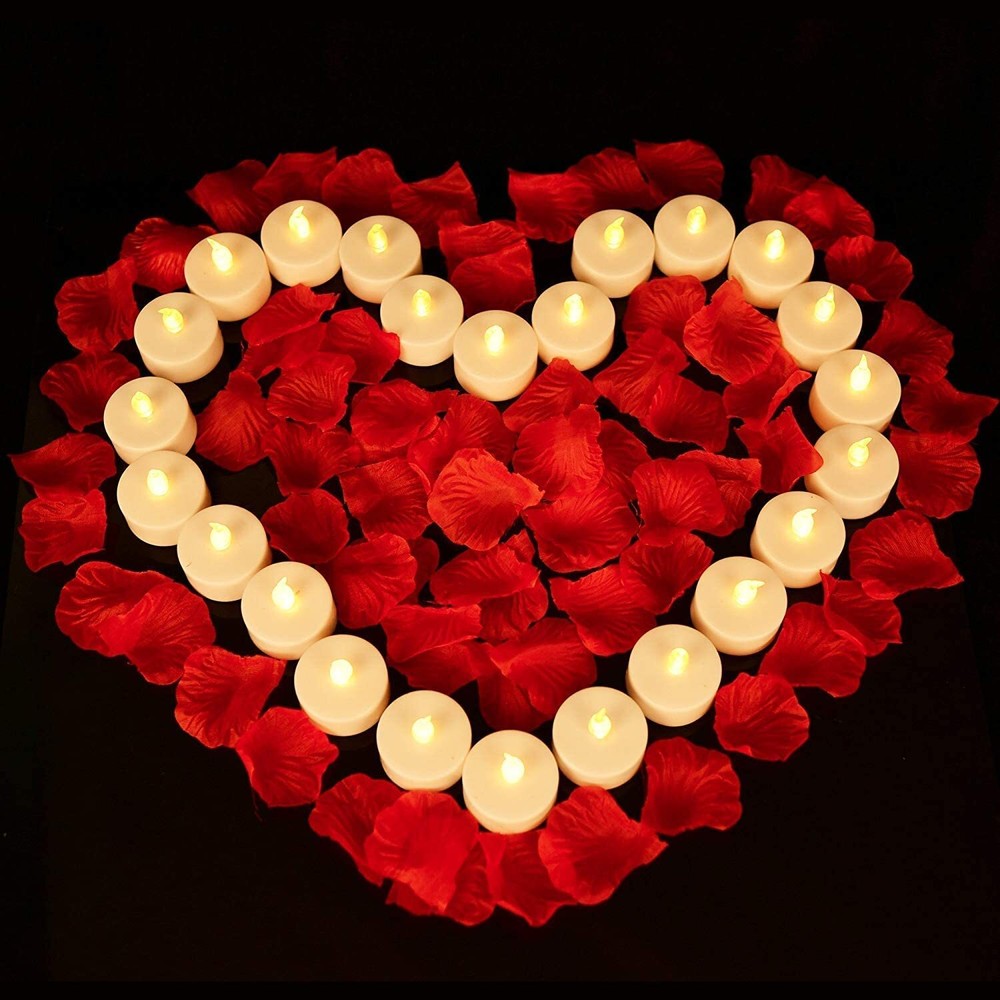 1000Pcs Artificial Rose Petals + 24 LED Candles Romantic Night Propose Set US