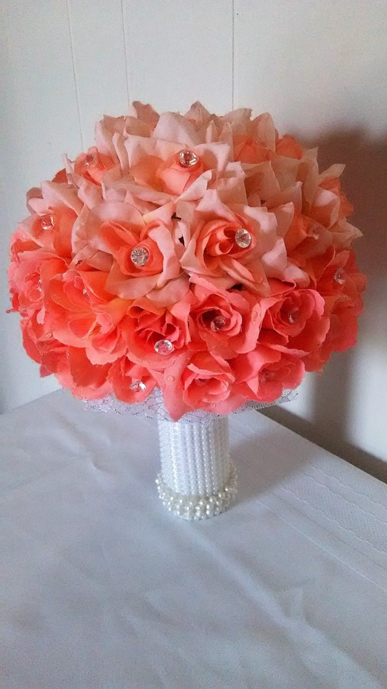 PEACHES AND CREAM WEDDING BOUQUET- PEACH/CREAM/PEARLS/SILVER TULLE-RHINESTONE PI