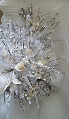 Luxury Wedding Cascade, White & Silver,Glass Crystals,Porcelain Roses,Satin-Beau