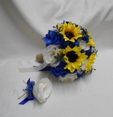 Rustic Package Silk Flower Wedding Bridal Bouquet Sunflower Royal Blue Burlap