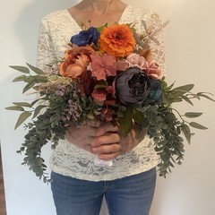 Bridal Wedding Bouquet Budget Friendly Handmade Faux Florals Purple Blue Orange