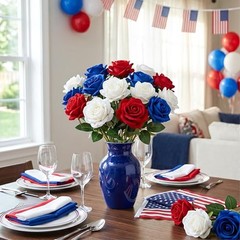 14PCS Red White Blue Artificial Roses, Patriotic Velvet Silk Fake Roses Flowers