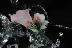 Pink cala lily and white orchid floral bouquet w/ matching boutonniere
