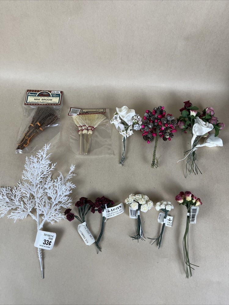 VTG Lot Mini Satin Ribbon Rose Flowers Wire Stem, Brooms Wedding Shower Craft