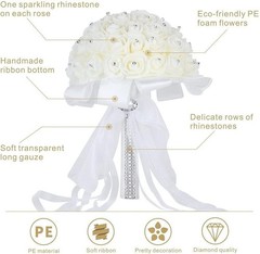 Delicate Rhinestone and Ribbon White-Crystal Bridesmaid Bouquet – 54 Foam Roses