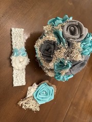 Beautiful Handmade Bridal Bouquet &Boutonnière Set W/Spa Blue Satin, Burlap&Lace
