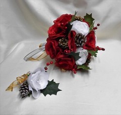 Wedding Bouquet Winter Christmas Silk Flower Bouquet Bridal Red White Pine Cone