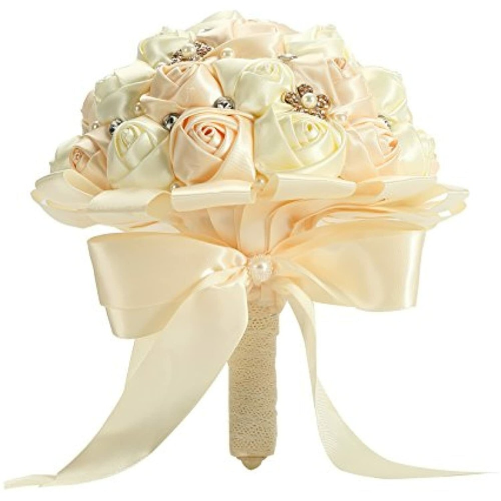 PYJTRL Multicolor Crystal Pearl Wedding Bridal Bridesmaid Ribbon Bouquets (Beige