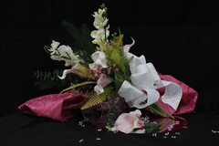 Pink cala lily and white orchid floral bouquet w/ matching boutonniere