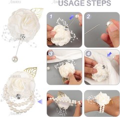 Adjustable White Silk Rose Wrist Corsage 2 Pack with Pearl Bead for Bridesmaids