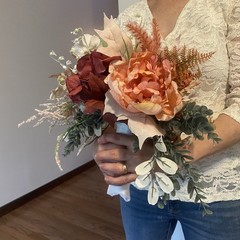 Bridal Wedding Bouquet Hand made Budget Friendly Faux Flowers Red Orange Fall
