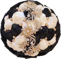 Elegant Golden Rhinestone Wedding Bouquet with Ivory Satin Roses & Crystals