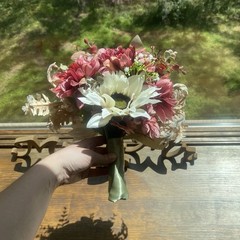 Bridal Wedding Bouquet Hand made Budget Friendly Faux Flowers White Pink Green