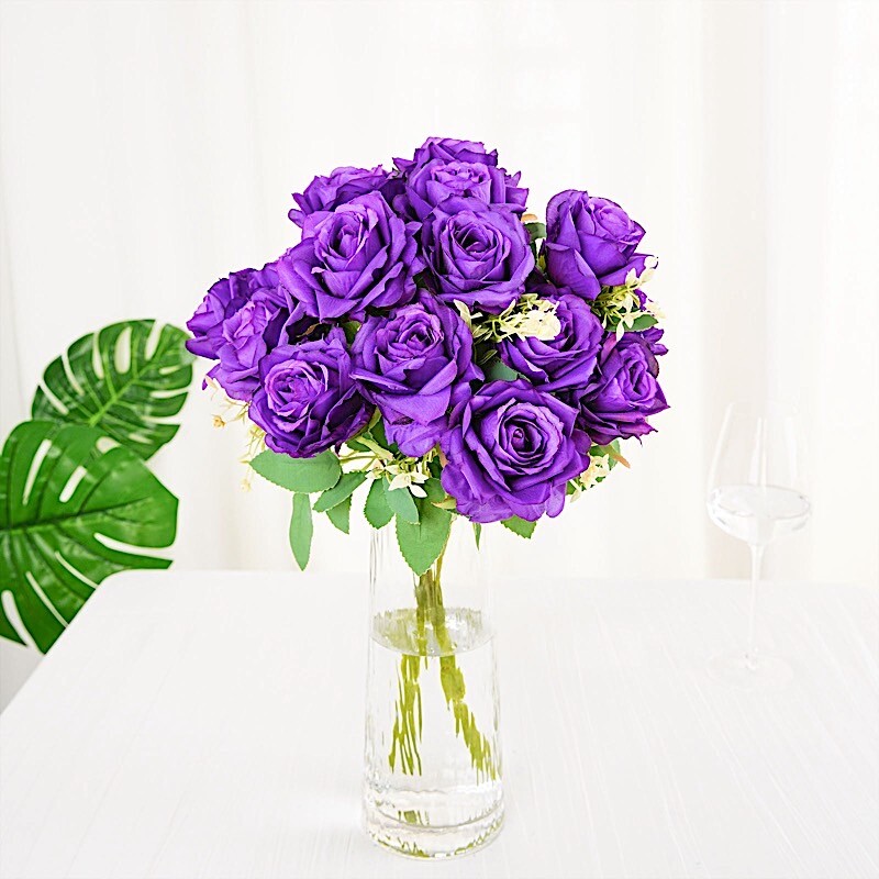 PURPLE 2 Bushes 18″ ARTIFICIAL Faux Silk Rose FLOWERS Bouquet Wedding Decoration