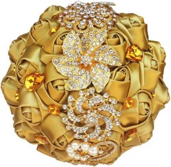 Handmade Satin Rose Wedding Bouquet with Gold Crystals – Perfect for Brides