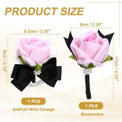 2Pcs Wrist Corsage Boutonnieres Set with Black Ribbon, Light Pink