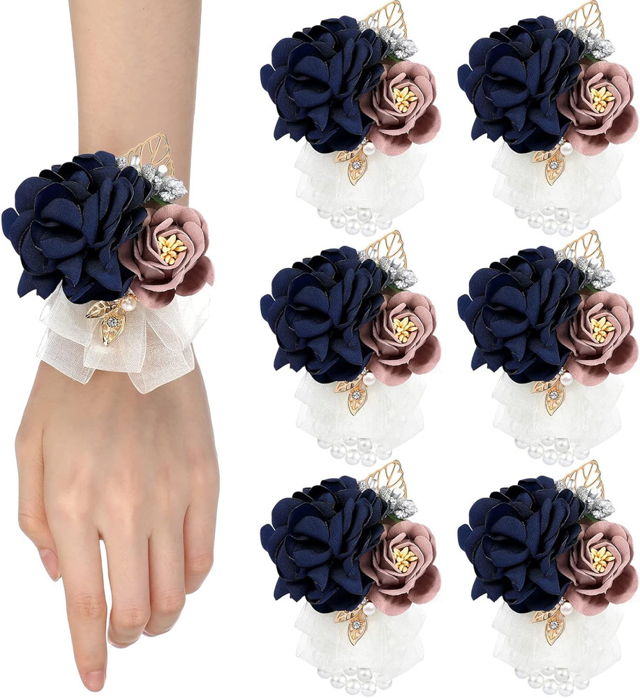 6 Pcs Blue Rose Corsage Set Bridal Corsage Wrist Band Bracelet Hand Flower Weddi