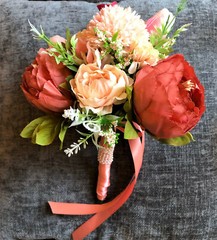 Peach Pink (Melon) and Light Pink Bridal Wedding Bouquet Faux Flowers Handmade