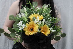 Gold/yellow gerbera daisy & white freesia floral bouquet w/ boutonniere