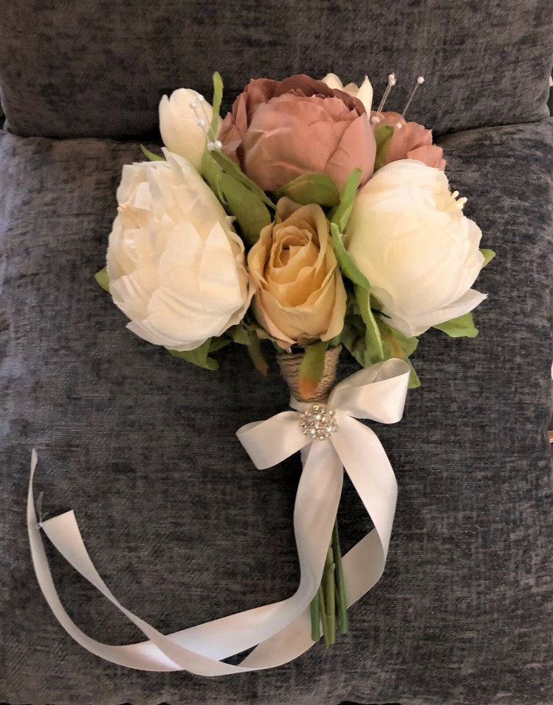 Dusty Rose, Champagne & White/Ivory Faux Flower Bridal Wedding Bouquet Handmade