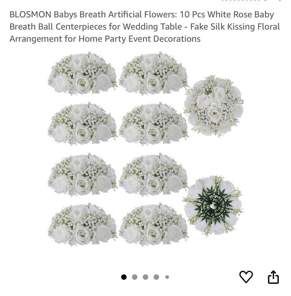 BLOSMON Fake Flowers Wedding Centerpieces 10 Pcs White Rose Babys Breath
