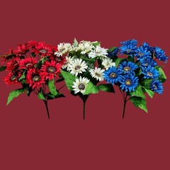 Artificial RED,WHITE,and BLUE MINI SUNFLOWER BUSHES, FLORAL CRAFT SUPPLY Set/3