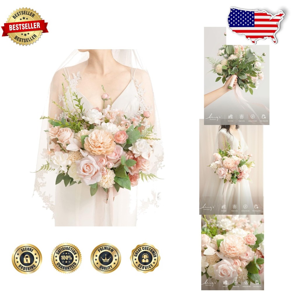 Elegant Blush Pink Wedding Bouquets Bride Silk Roses Gardenia 15 Inch Free Form