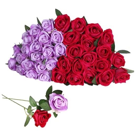 40 PCS Artificial Flowers Fake Roses with Long Stem Realistic Rose+purple