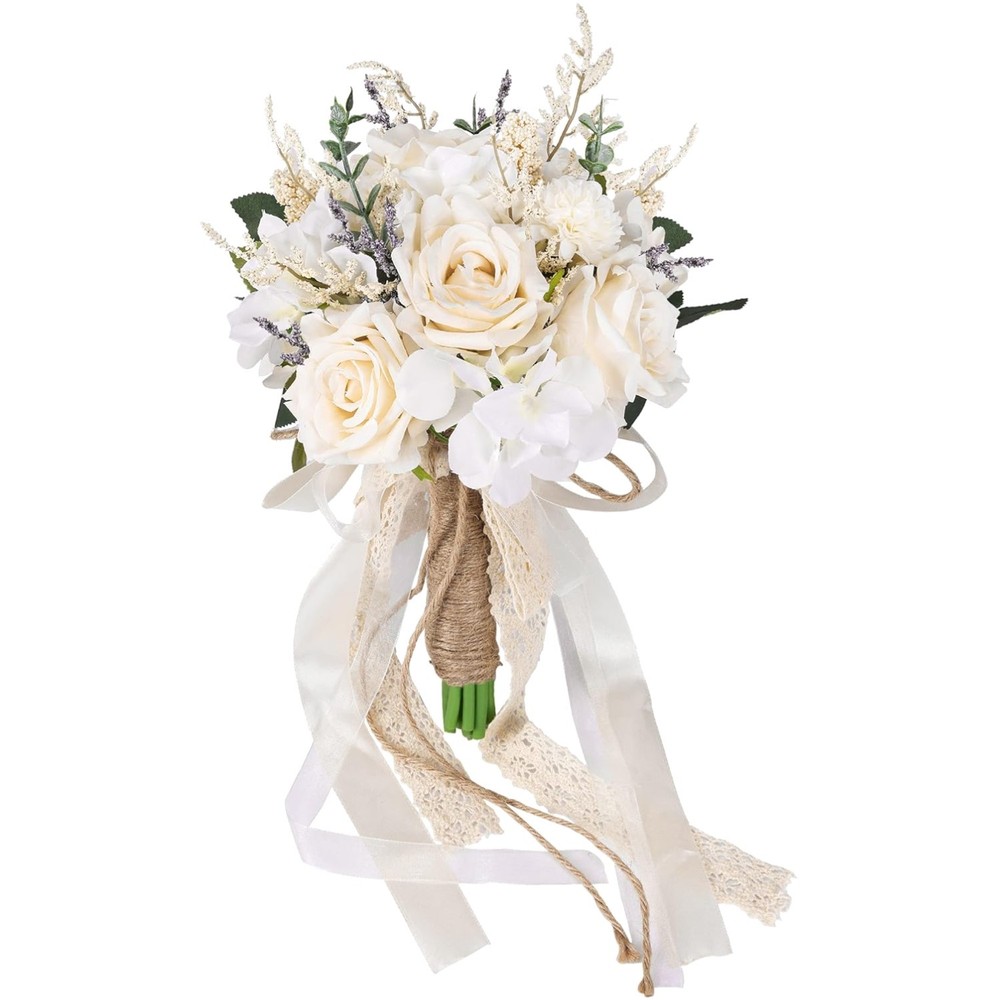 Elegant Artificial Wedding Bouquet with Champagne Roses & Hydrangeas – 7.5in