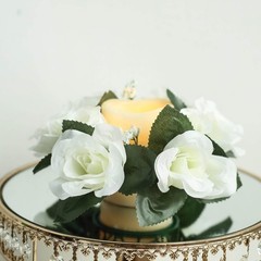 4 Ivory CANDLE RINGS with SILK ROSES Wedding Flowers for Centerpieces