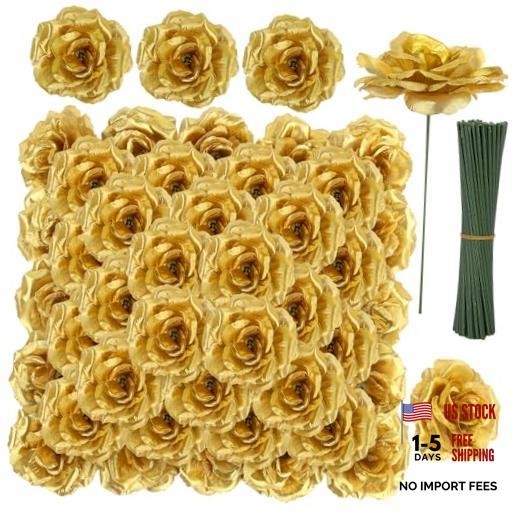Rose Head Flowers with Stem – 108pcs Rose Artificial Flowers Bulk – 3.1” Gold