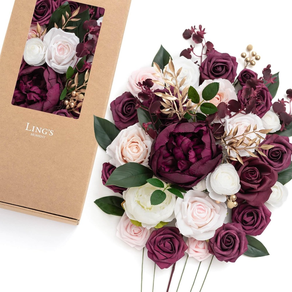 Ling’s Moment Marsala Artificial Flowers Box Set for DIY Wedding Bouquets Cen…