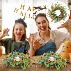 6 Pcs Thanksgiving Candle Rings Wreaths Decorative Artificial Orange, Green