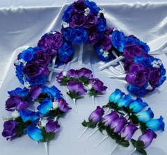25 pc, Wedding Bouquet Package, Blue & Purple Roses, White Flower, White Ribbon