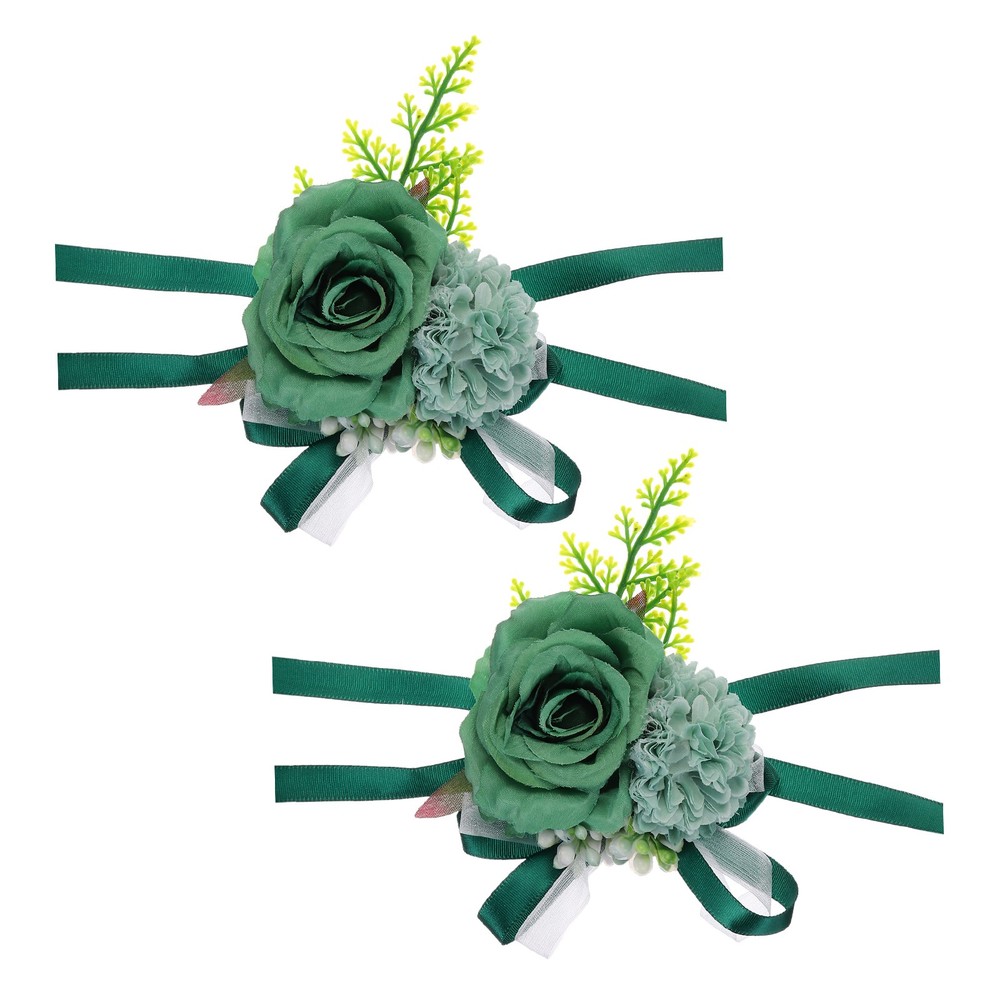 2Pcs Artificial Corsage Wristlet Flower Wrist Prom Corsage Dark Green