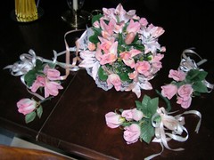 5Pc Wedding Pkg 12″ Bride Bouquet Silk Peach Roses & Lilies 3 Bridesmaid 1groom